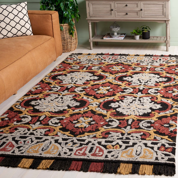 Safavieh Blossom Hand Tufted Transitional Area Rug In Elegant Green And Gold With Ornate Scrollwork Design Charcoal ,Red 80% Wool,20% Cotton Blm422h-3