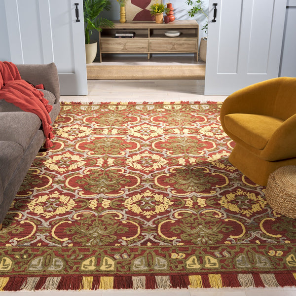 Safavieh Blossom Hand Tufted Transitional Area Rug In Elegant Green And Gold With Ornate Scrollwork Design Red ,Gold 80% Wool,20% Cotton Blm422q-8