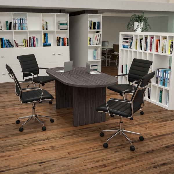English Elm Lake 5-Piece Oval Conference Table Set with 4 Ergonomic Black Executive Chairs for Modern Meetings Rustic Gray 35"W x 72"D x 29.5"H BLN-6GCGRY595M-BK-GG