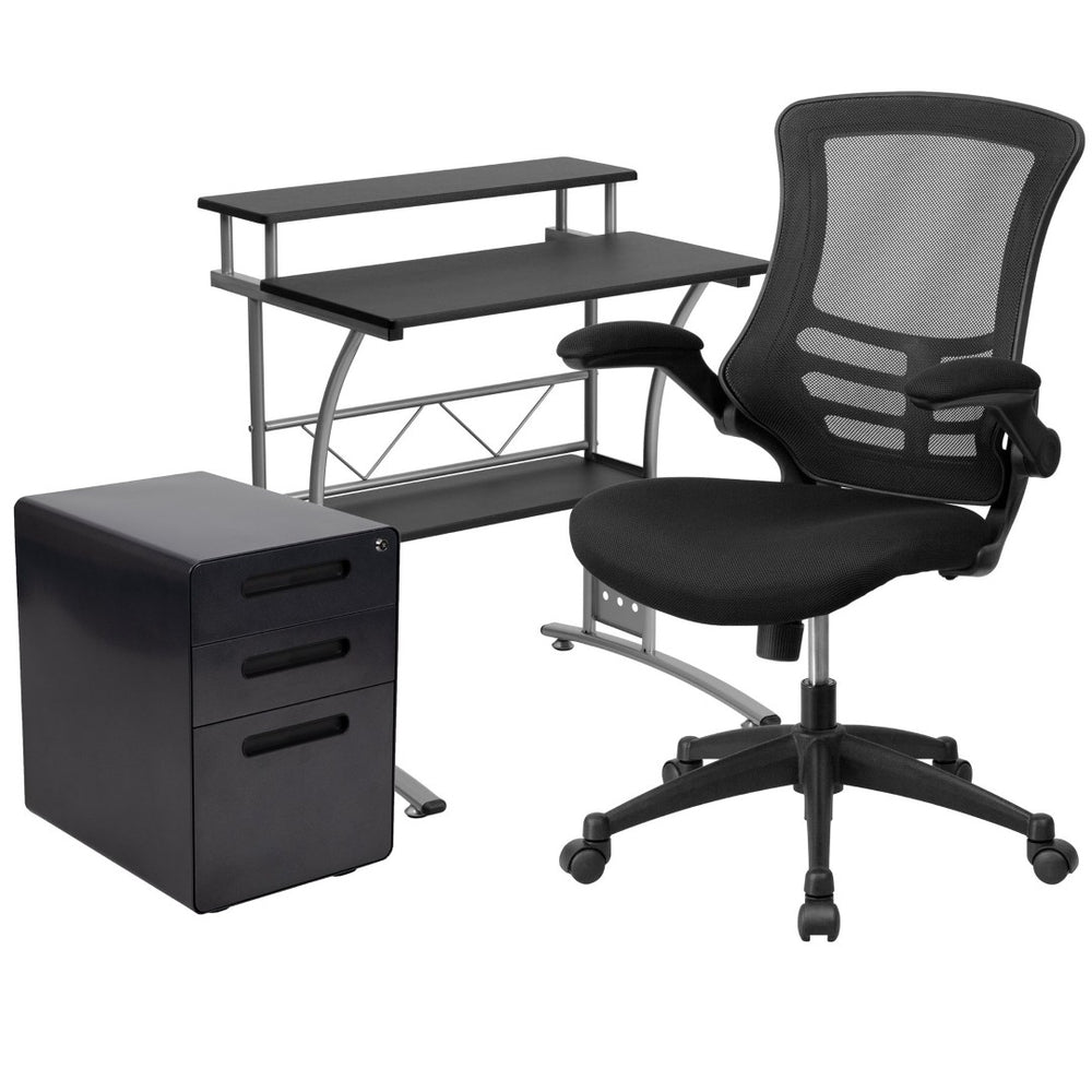 English Elm Calder Work From Home Kit - Stylish Black Desk, Ergonomic Chair & Locking Mobile Filing Cabinet Set BLN-CLIFAPPX5-BK-GG
