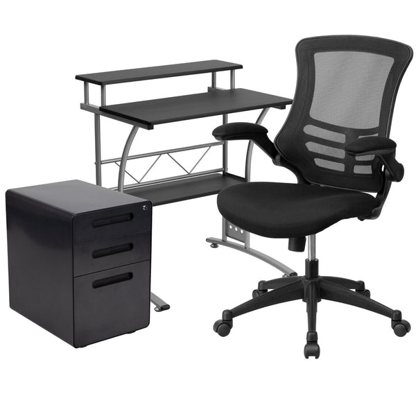 English Elm Calder Work From Home Kit - Stylish Black Desk, Ergonomic Chair & Locking Mobile Filing Cabinet Set BLN-CLIFAPPX5-BK-GG