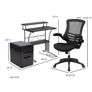 English Elm Calder Work From Home Kit - Stylish Black Desk, Ergonomic Chair & Locking Mobile Filing Cabinet Set BLN-CLIFAPPX5-BK-GG