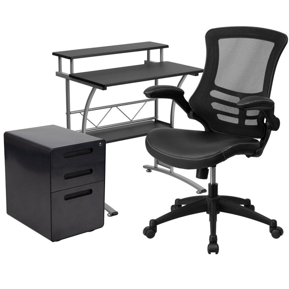 English Elm Calder Home Office Kit - Compact Black Desk, Ergonomic Mesh Chair & Secure Mobile Filing Cabinet Set BLN-CLIFAPX5L-BK-GG