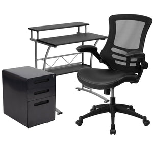 English Elm Calder Home Office Kit - Compact Black Desk, Ergonomic Mesh Chair & Secure Mobile Filing Cabinet Set BLN-CLIFAPX5L-BK-GG