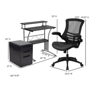English Elm Calder Home Office Kit - Compact Black Desk, Ergonomic Mesh Chair & Secure Mobile Filing Cabinet Set BLN-CLIFAPX5L-BK-GG