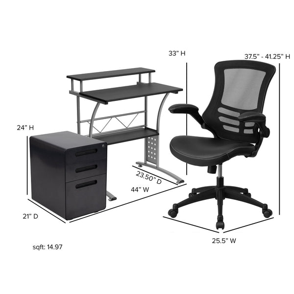 English Elm Calder Home Office Kit - Compact Black Desk, Ergonomic Mesh Chair & Secure Mobile Filing Cabinet Set BLN-CLIFAPX5L-BK-GG