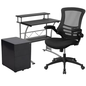 English Elm Calder Work From Home Kit - Modern Black Desk, Ergonomic Chair & Mobile Locking Filing Cabinet Set BLN-CLIFCHPX5-BK-GG