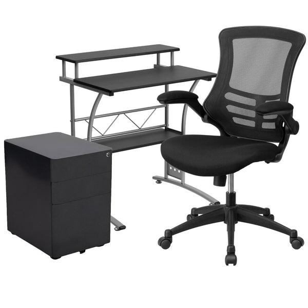 English Elm Calder Work From Home Kit - Modern Black Desk, Ergonomic Chair & Mobile Locking Filing Cabinet Set BLN-CLIFCHPX5-BK-GG