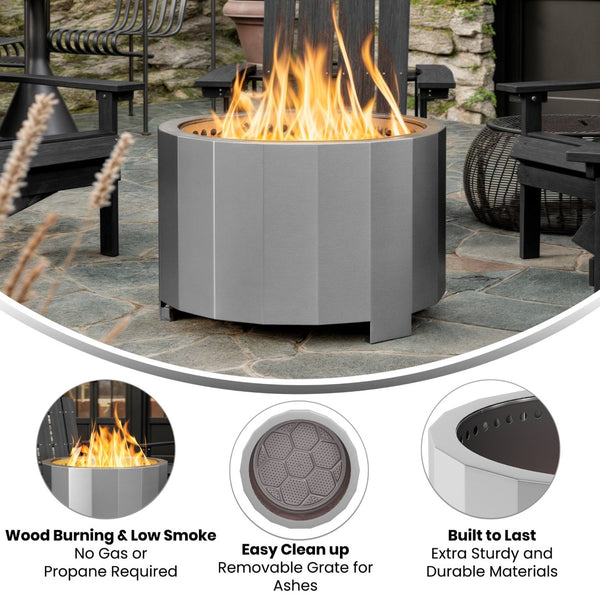 English Elm Titus Commercial Grade 27 Inch Smokeless Outdoor Firepit for Cozy Gatherings and Easy Setup Stainless Steel BLN-HY-B-2201FP-03-27-SS-GG