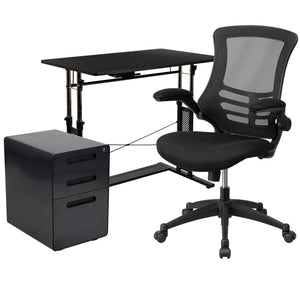 English Elm Stiles Ergonomic Work From Home Kit - Adjustable Desk, Breathable Office Chair & Mobile Filing Cabinet BLN-NAN21APX5L-BK-GG
