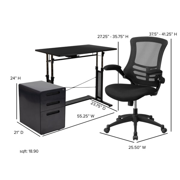 English Elm Stiles Ergonomic Work From Home Kit - Adjustable Desk, Breathable Office Chair & Mobile Filing Cabinet BLN-NAN21APX5L-BK-GG