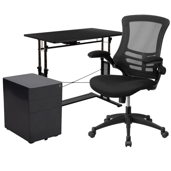 English Elm Stiles Work From Home Kit - Ergonomic Desk, Breathable Mesh Chair & Secure Mobile Filing Cabinet Set BLN-NAN21CPX5L-BK-GG