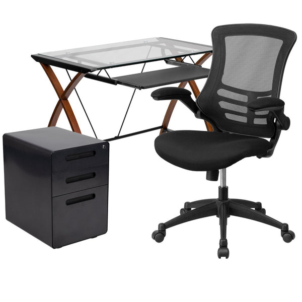 English Elm Stiles Work From Home Kit - Modern Glass Desk, Ergonomic Chair & Secure 3-Drawer Cabinet for Comfort BLN-NAN28APX5-BK-GG