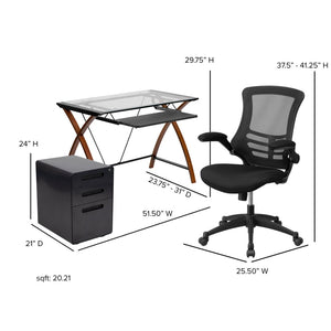 English Elm Stiles Work From Home Kit - Modern Glass Desk, Ergonomic Chair & Secure 3-Drawer Cabinet for Comfort BLN-NAN28APX5-BK-GG