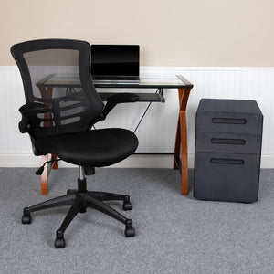 English Elm Stiles Work From Home Kit - Modern Glass Desk, Ergonomic Chair & Secure 3-Drawer Cabinet for Comfort BLN-NAN28APX5-BK-GG