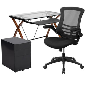 English Elm Stiles Modern Work From Home Kit - Glass Desk, Ergonomic Mesh Chair, & Secure Filing Cabinet Set BLN-NAN28CHPX5-BK-GG