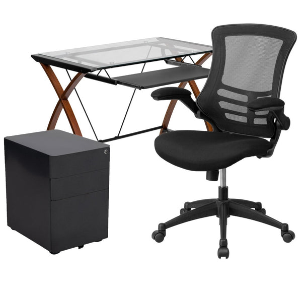 English Elm Stiles Modern Work From Home Kit - Glass Desk, Ergonomic Mesh Chair, & Secure Filing Cabinet Set BLN-NAN28CHPX5-BK-GG