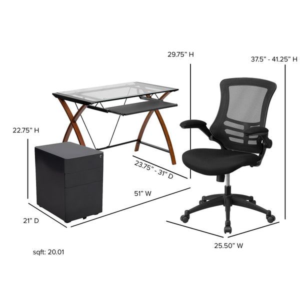 English Elm Stiles Modern Work From Home Kit - Glass Desk, Ergonomic Mesh Chair, & Secure Filing Cabinet Set BLN-NAN28CHPX5-BK-GG