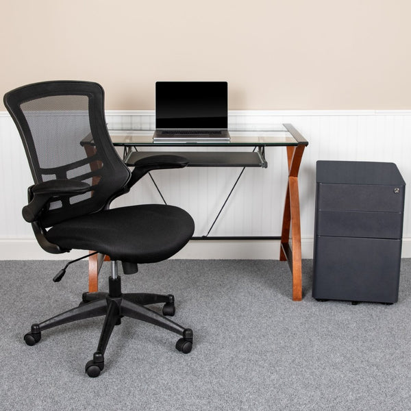 English Elm Stiles Modern Work From Home Kit - Glass Desk, Ergonomic Mesh Chair, & Secure Filing Cabinet Set BLN-NAN28CHPX5-BK-GG