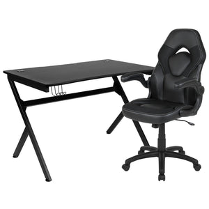 English Elm Optis Gaming Desk and Racing Chair Set with Ergonomic Design, Cable Management, and Cup Holder Black BLN-X10D1904-BK-GG