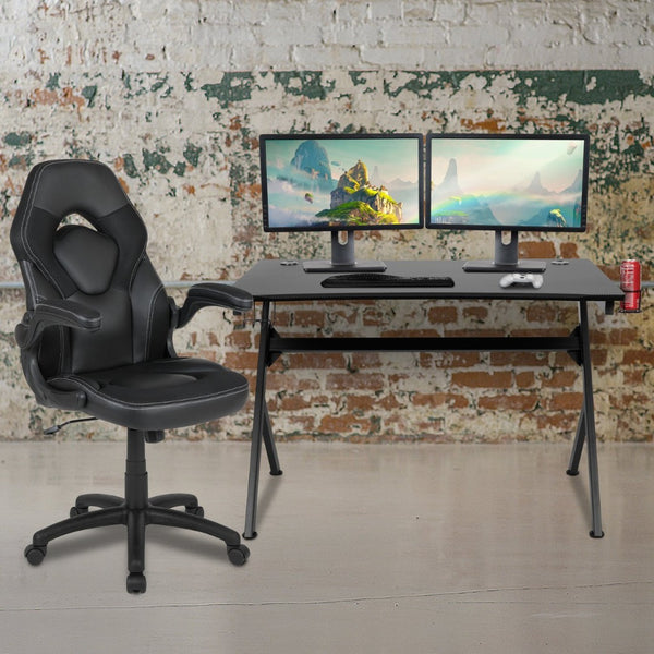 English Elm Optis Gaming Desk and Racing Chair Set with Ergonomic Design, Cable Management, and Cup Holder Black BLN-X10D1904-BK-GG