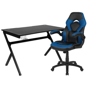 English Elm Optis Gaming Desk and Racing Chair Set with Ergonomic Design, Cable Management, and Cup Holder Blue BLN-X10D1904-BL-GG