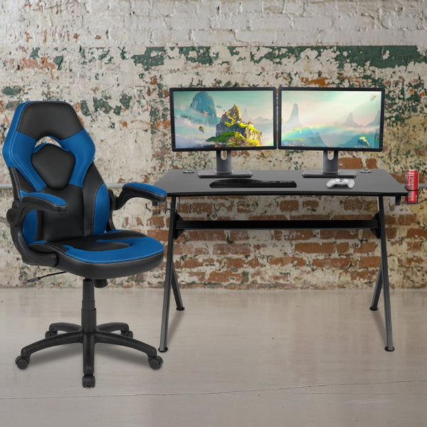 English Elm Optis Gaming Desk and Racing Chair Set with Ergonomic Design, Cable Management, and Cup Holder Blue BLN-X10D1904-BL-GG