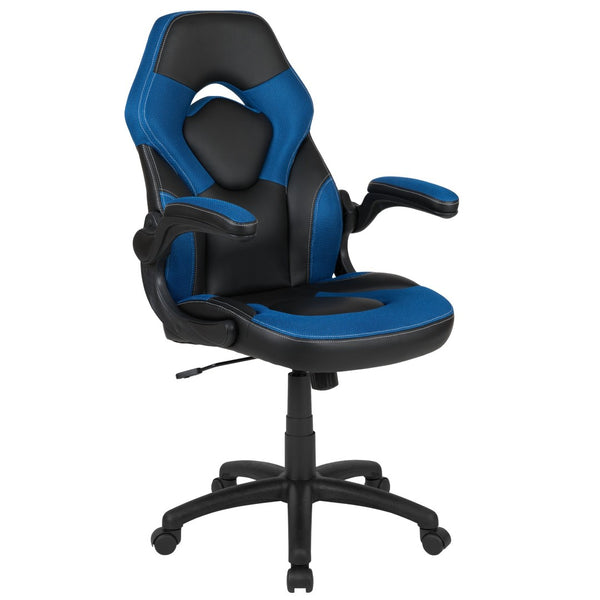 English Elm Optis Gaming Desk and Racing Chair Set with Ergonomic Design, Cable Management, and Cup Holder Blue BLN-X10D1904-BL-GG