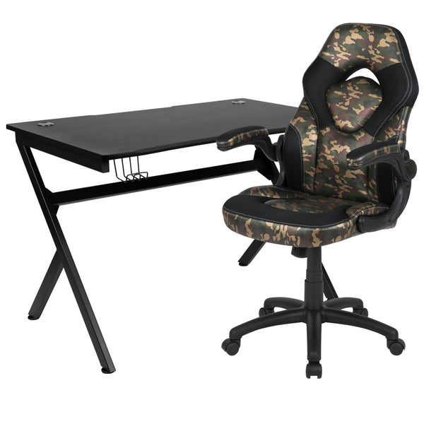 English Elm Optis Gaming Desk and Racing Chair Set with Ergonomic Design, Cable Management, and Cup Holder Camouflage BLN-X10D1904-CAM-GG