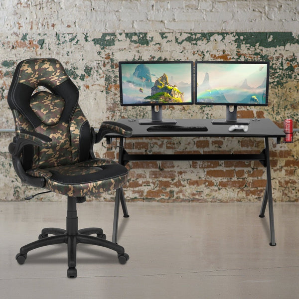 English Elm Optis Gaming Desk and Racing Chair Set with Ergonomic Design, Cable Management, and Cup Holder Camouflage BLN-X10D1904-CAM-GG