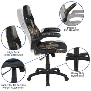 English Elm Optis Gaming Desk and Racing Chair Set with Ergonomic Design, Cable Management, and Cup Holder Camouflage BLN-X10D1904-CAM-GG