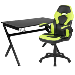 English Elm Optis Gaming Desk and Racing Chair Set with Ergonomic Design, Cable Management, and Cup Holder Green BLN-X10D1904-GN-GG