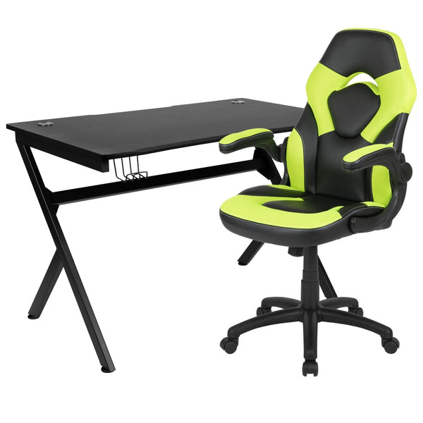 English Elm Optis Gaming Desk and Racing Chair Set with Ergonomic Design, Cable Management, and Cup Holder Green BLN-X10D1904-GN-GG