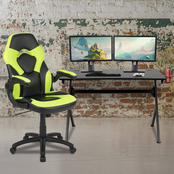 English Elm Optis Gaming Desk and Racing Chair Set with Ergonomic Design, Cable Management, and Cup Holder Green BLN-X10D1904-GN-GG
