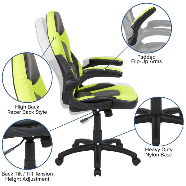 English Elm Optis Gaming Desk and Racing Chair Set with Ergonomic Design, Cable Management, and Cup Holder Green BLN-X10D1904-GN-GG