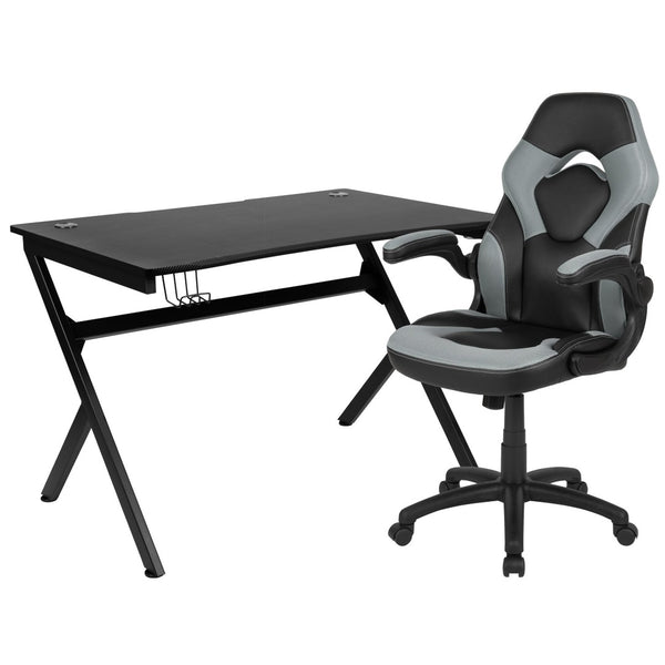 English Elm Optis Gaming Desk and Racing Chair Set with Ergonomic Design, Cable Management, and Cup Holder Gray BLN-X10D1904-GY-GG