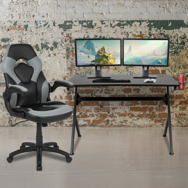 English Elm Optis Gaming Desk and Racing Chair Set with Ergonomic Design, Cable Management, and Cup Holder Gray BLN-X10D1904-GY-GG