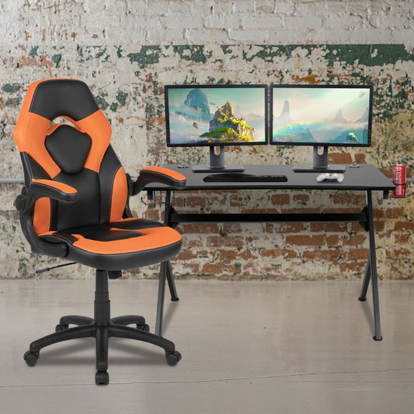 English Elm Optis Gaming Desk and Racing Chair Set with Ergonomic Design, Cable Management, and Cup Holder Orange BLN-X10D1904-OR-GG
