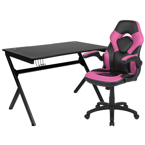 English Elm Optis Gaming Desk and Racing Chair Set with Ergonomic Design, Cable Management, and Cup Holder Pink BLN-X10D1904-PK-GG