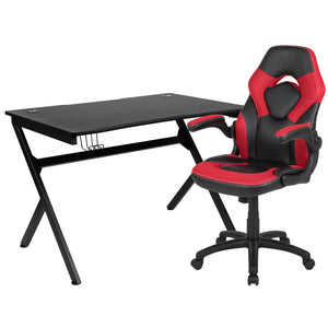 English Elm Optis Gaming Desk and Racing Chair Set with Ergonomic Design, Cable Management, and Cup Holder Red BLN-X10D1904-RD-GG