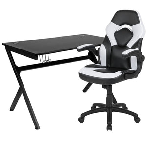 English Elm Optis Gaming Desk and Racing Chair Set with Ergonomic Design, Cable Management, and Cup Holder White BLN-X10D1904-WH-GG