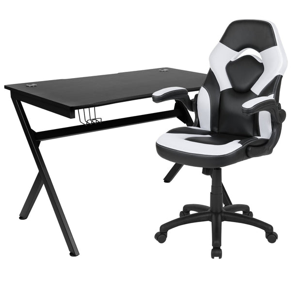 English Elm Optis Gaming Desk and Racing Chair Set with Ergonomic Design, Cable Management, and Cup Holder White BLN-X10D1904-WH-GG