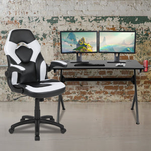 English Elm Optis Gaming Desk and Racing Chair Set with Ergonomic Design, Cable Management, and Cup Holder White BLN-X10D1904-WH-GG