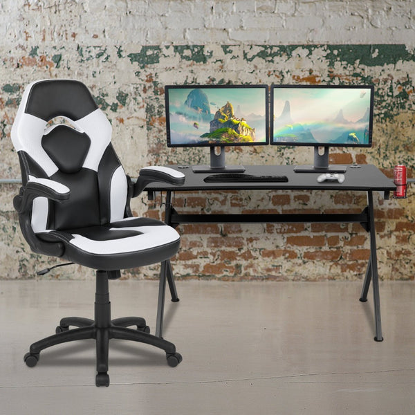English Elm Optis Gaming Desk and Racing Chair Set with Ergonomic Design, Cable Management, and Cup Holder White BLN-X10D1904-WH-GG