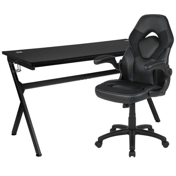 English Elm Optis Gaming Desk and Ergonomic Racing Chair Set with Cup Holder, Headphone Hook & Cable Management Black BLN-X10D1904L-BK-GG