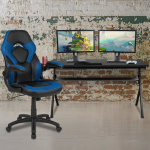 English Elm Optis Gaming Desk and Ergonomic Racing Chair Set with Cup Holder, Headphone Hook & Cable Management Blue BLN-X10D1904L-BL-GG