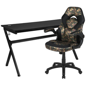 English Elm Optis Gaming Desk and Ergonomic Racing Chair Set with Cup Holder, Headphone Hook & Cable Management Camouflage BLN-X10D1904L-CAM-GG