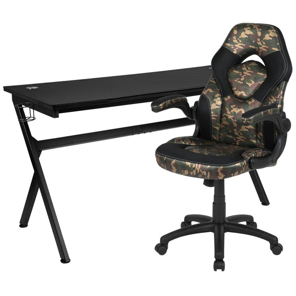 English Elm Optis Gaming Desk and Ergonomic Racing Chair Set with Cup Holder, Headphone Hook & Cable Management Camouflage BLN-X10D1904L-CAM-GG