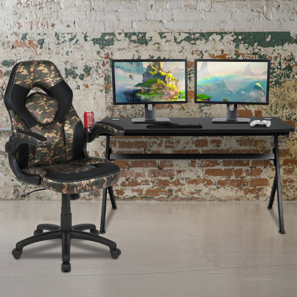 English Elm Optis Gaming Desk and Ergonomic Racing Chair Set with Cup Holder, Headphone Hook & Cable Management Camouflage BLN-X10D1904L-CAM-GG