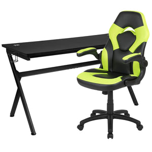 English Elm Optis Gaming Desk and Ergonomic Racing Chair Set with Cup Holder, Headphone Hook & Cable Management Green BLN-X10D1904L-GN-GG